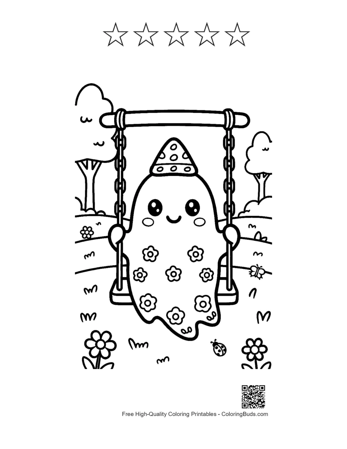Ghost swing coloring page with 5 star outlines printable