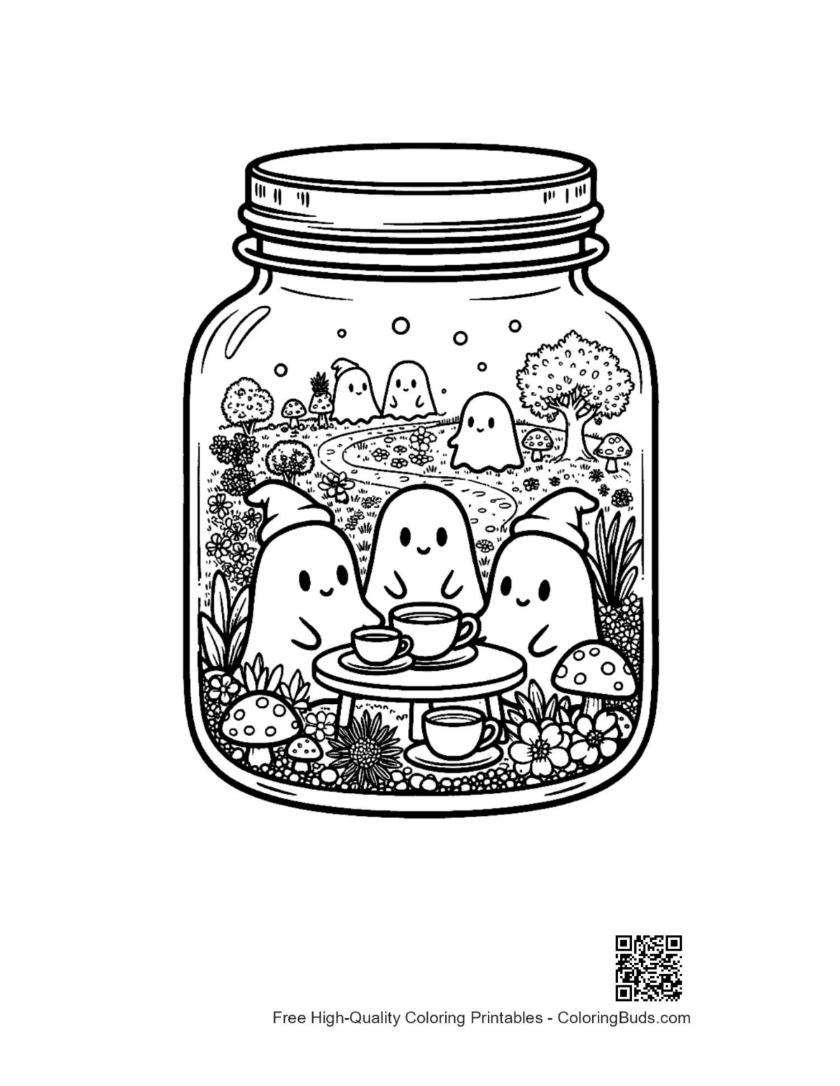 Cute ghosts partying in decorative mason jar coloring page