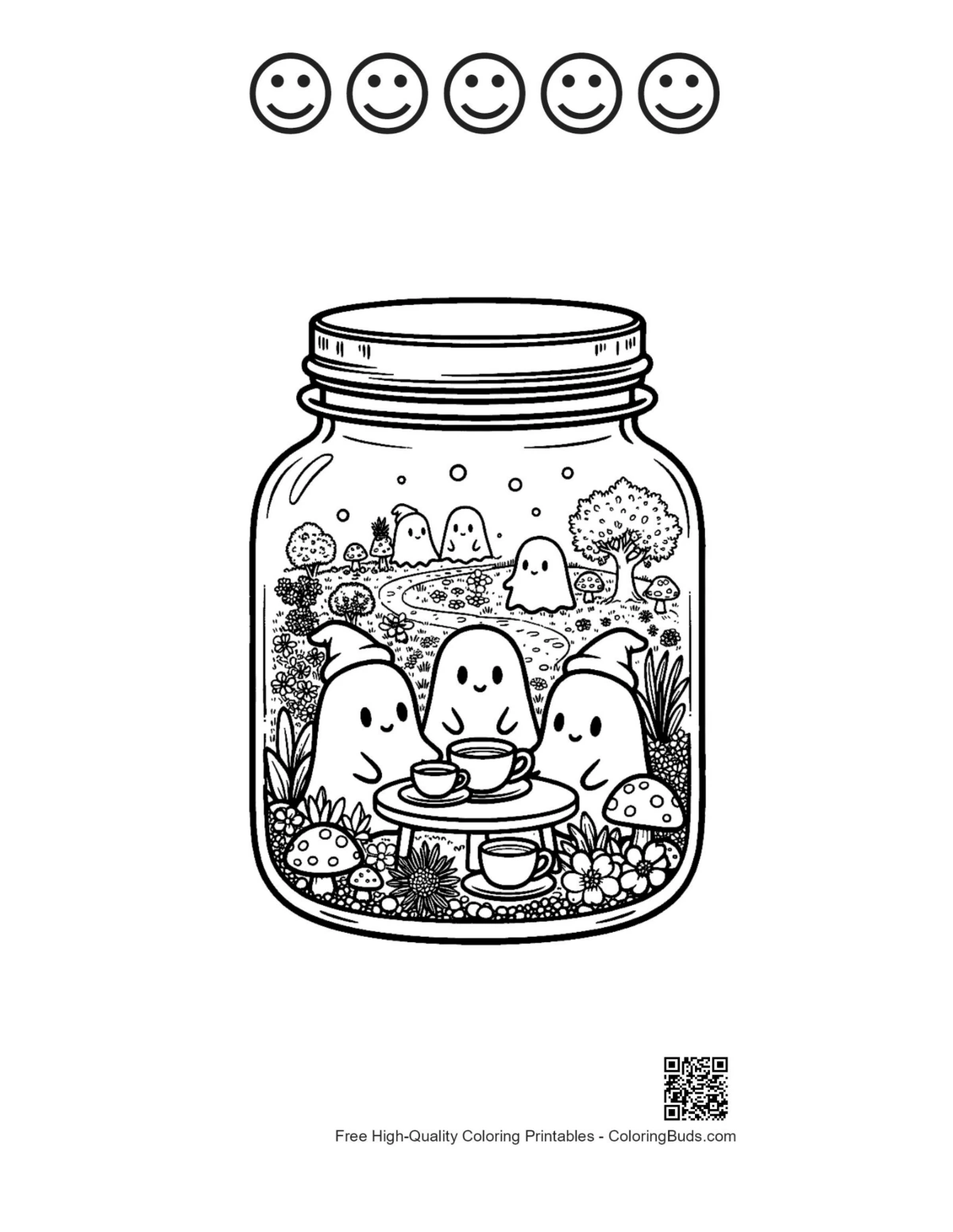 Ghosts mason jar coloring with 5 happy face outlines