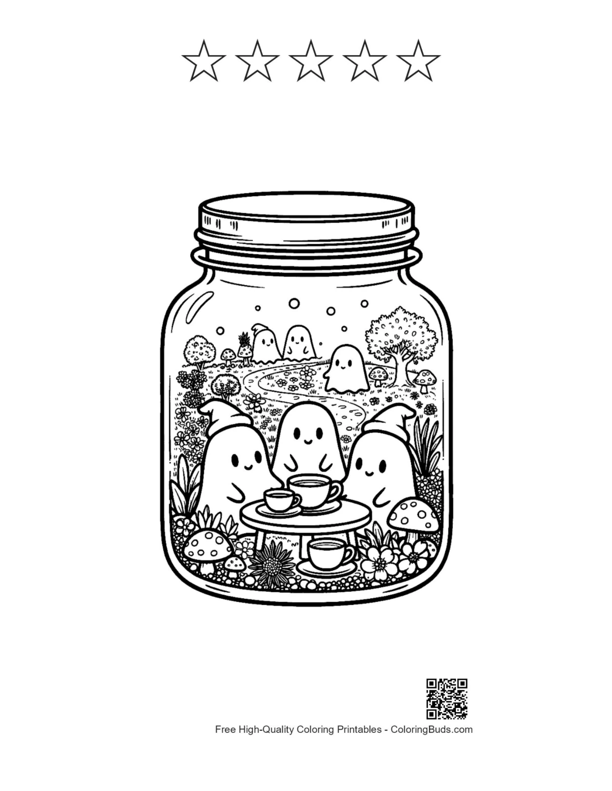Ghosts in jar Halloween printable with 5 star outlines