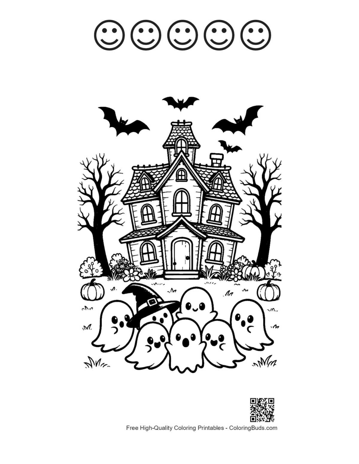 Tiny ghosts haunted house happy faces outline page