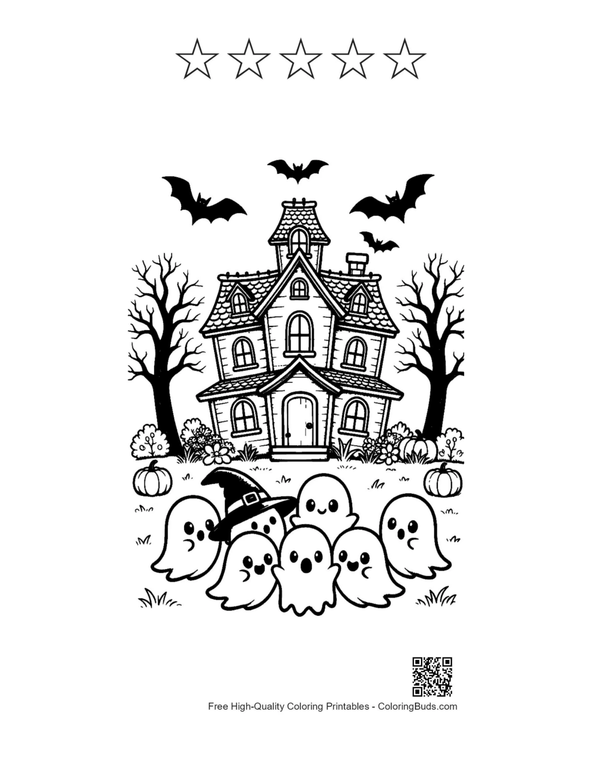 Tiny ghosts haunted house with star outlines printable