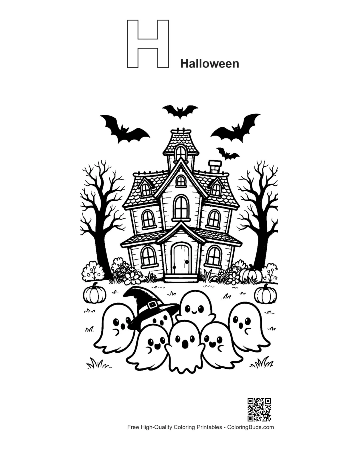 Tiny ghosts haunted house H Halloween outline printable