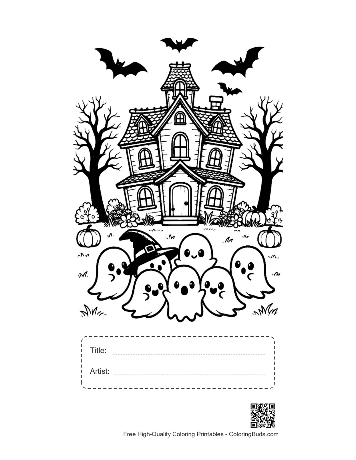 Tiny ghosts haunted house printable with title box