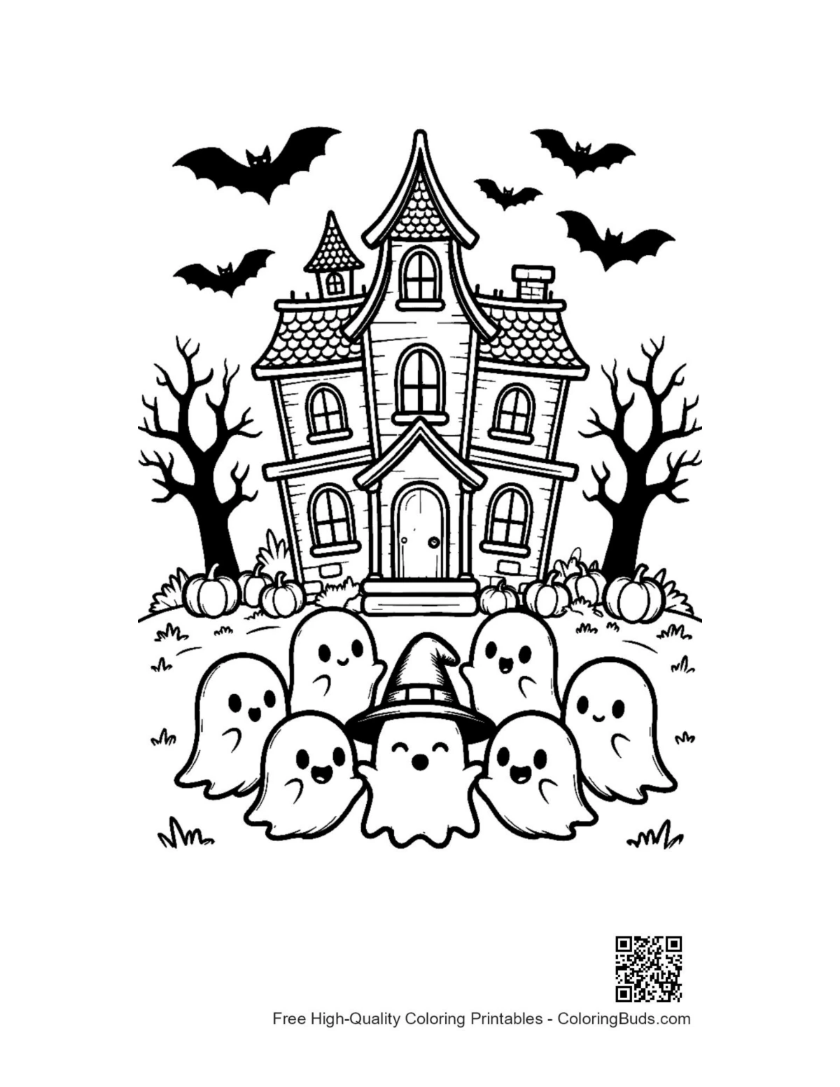 Little ghosts at spooky mansion Halloween party coloring page