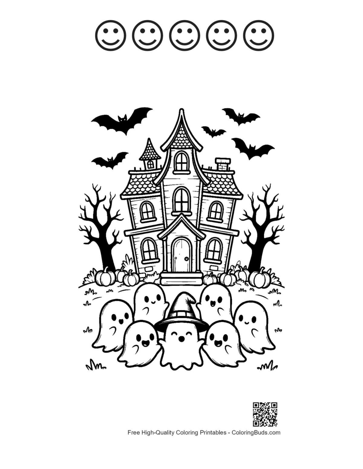 Little ghosts coloring printable with 5 happy faces outline