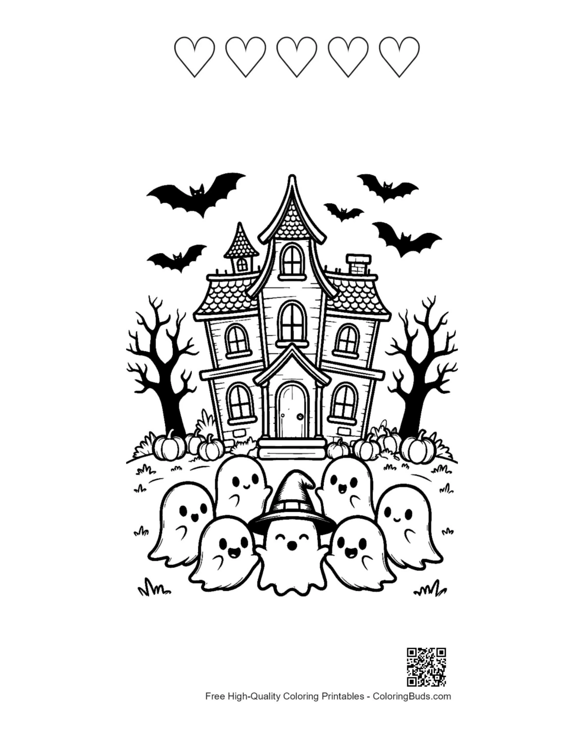 Ghosts party coloring page with 5 heart outlines