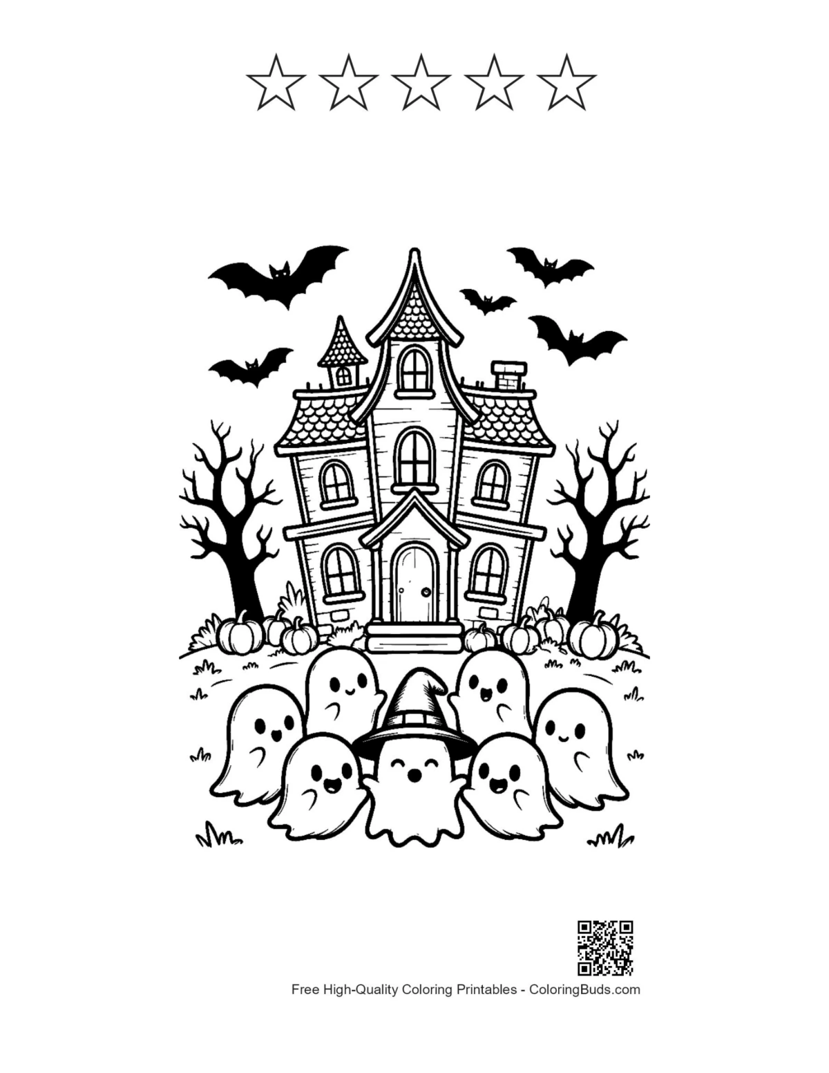 Ghosts mansion coloring page with 5 star outline