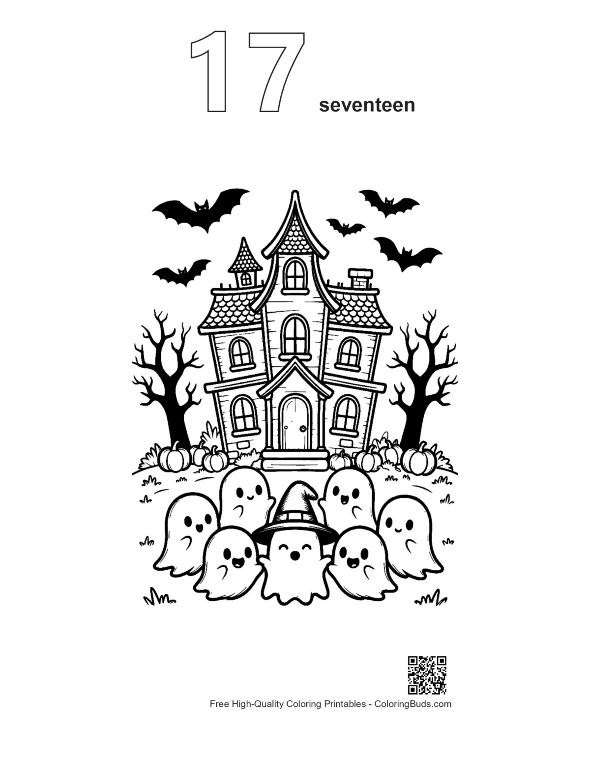 Outline 17 little ghosts spooky mansion Halloween coloring page