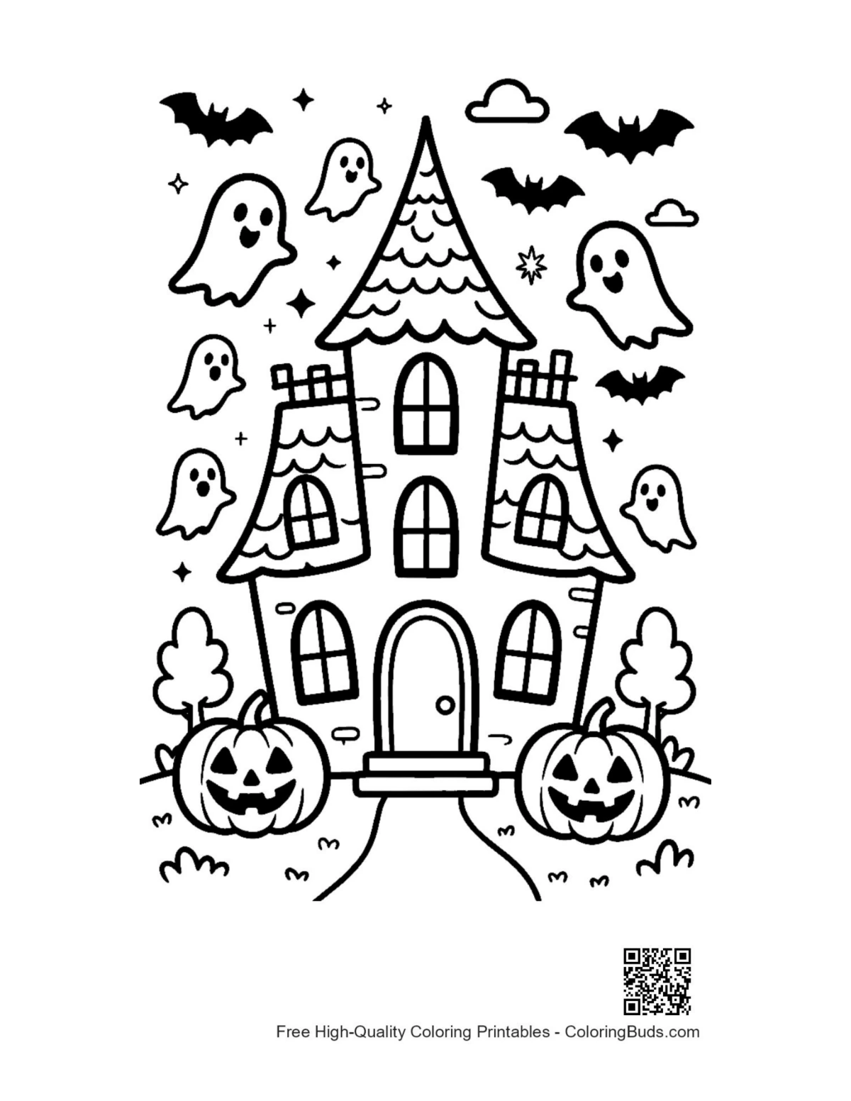 Tall haunted mansion Halloween coloring page with bats ghosts