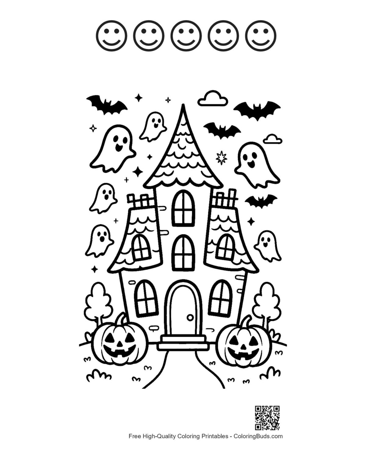 Haunted mansion Halloween printable with happy faces bats ghosts