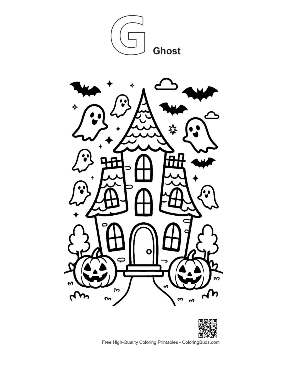 Haunted mansion ghost coloring sheet outline letter G bats
