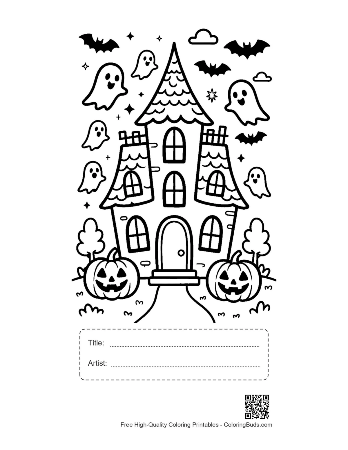 Haunted mansion coloring printable with title artist box bats ghosts