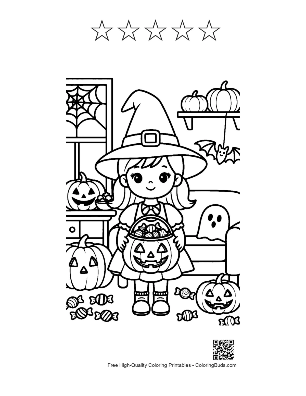 Witch girl pumpkin printable with 5-star outline