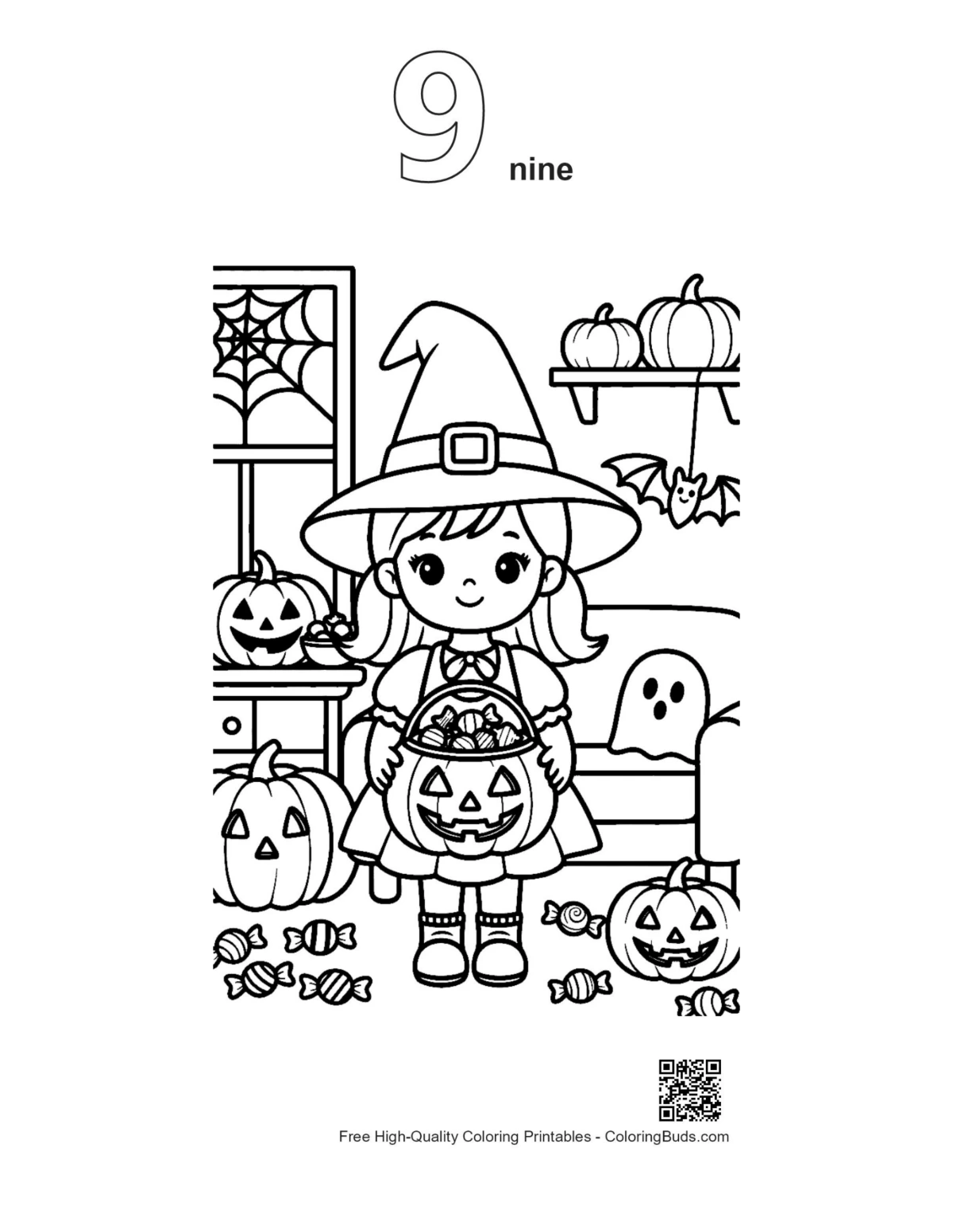 Witch girl carved pumpkin outline number 9 coloring page