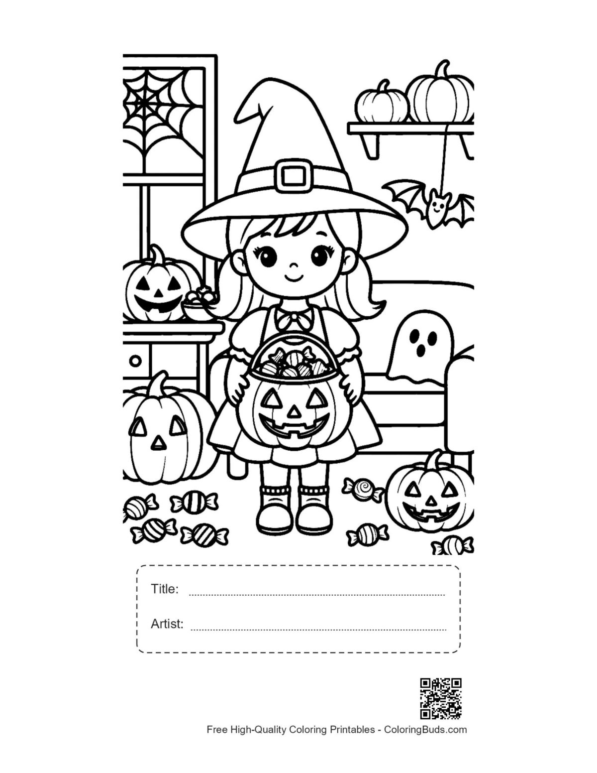 Adorable witch girl pumpkin printable with title box