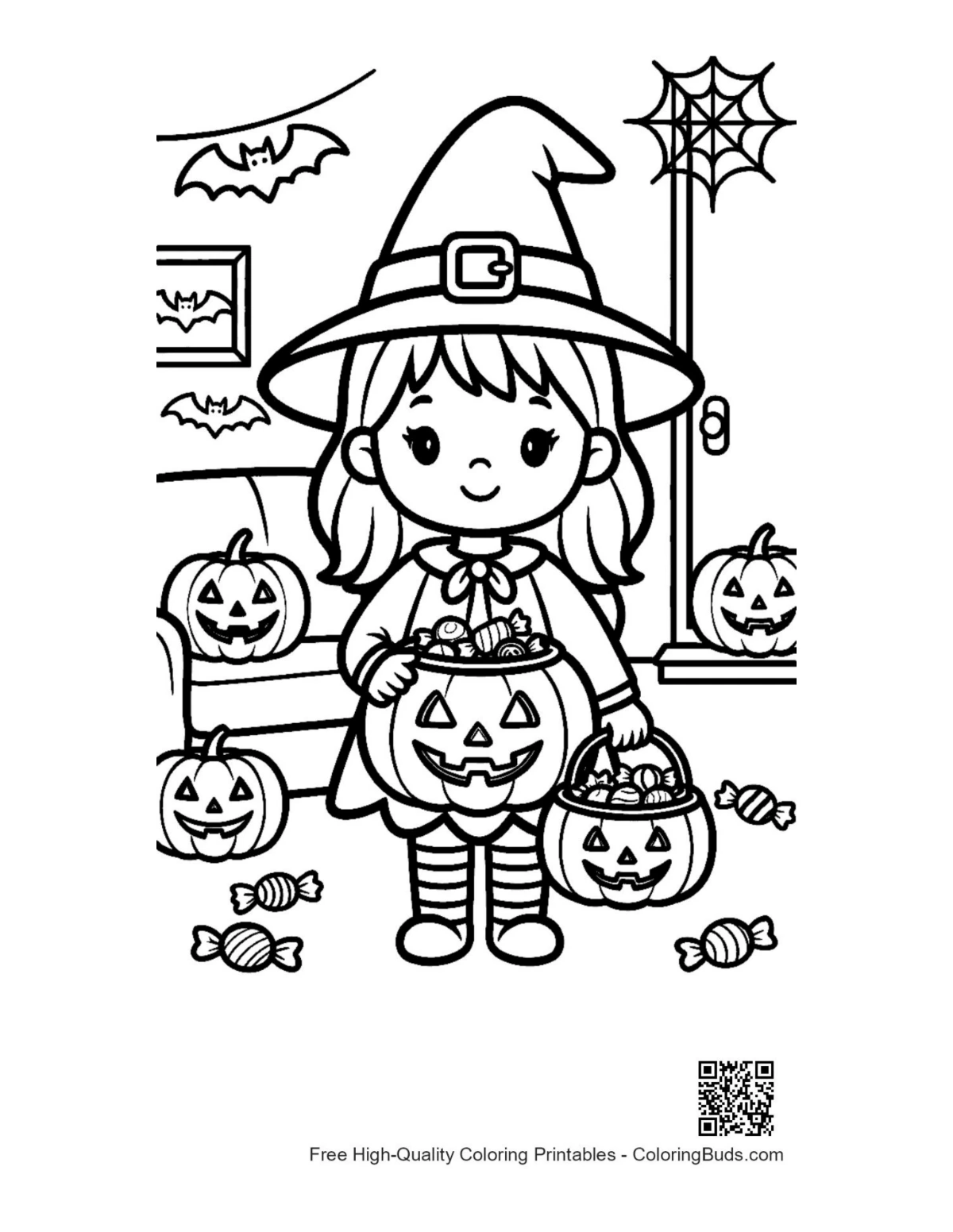 Chibi witch holding smiling Jack-O-Lantern bucket printable