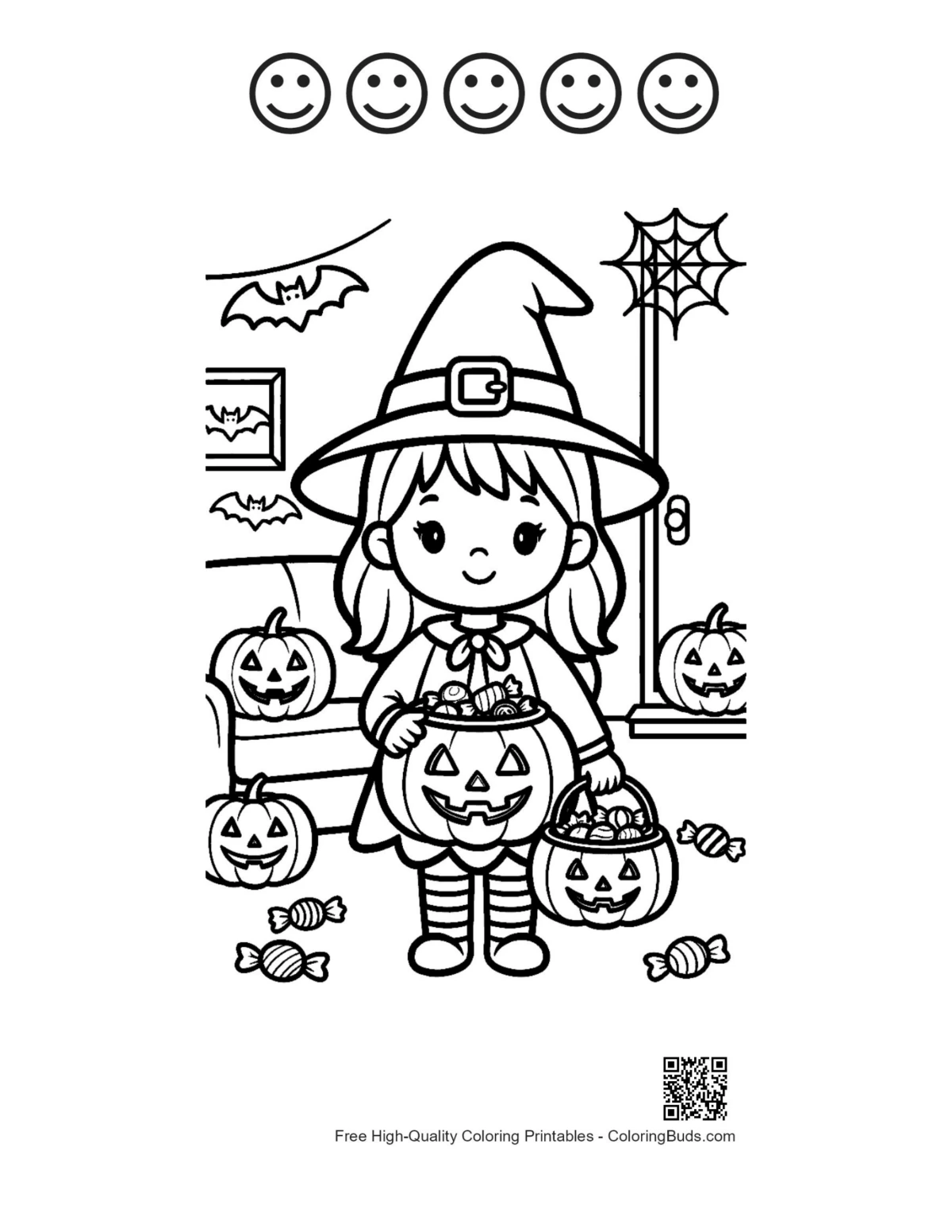 Chibi witch with 5 happy faces outline printable
