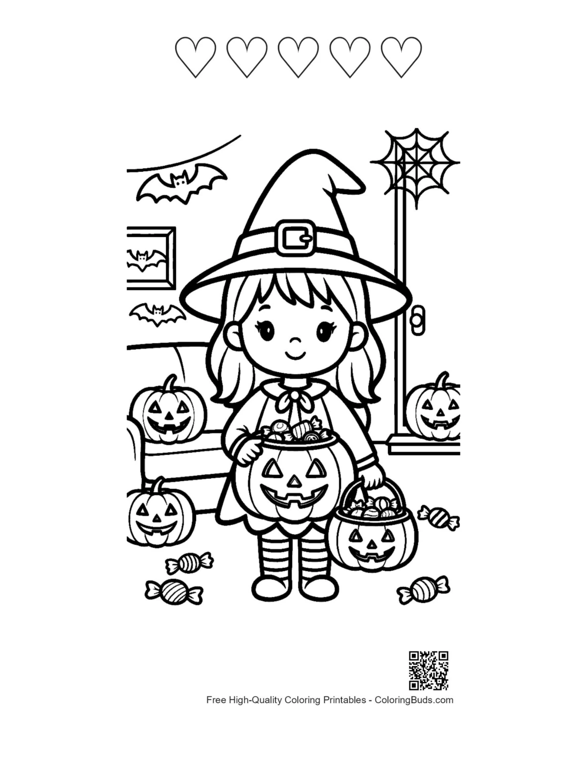 Chibi witch Jack-O-Lantern with heart outlines