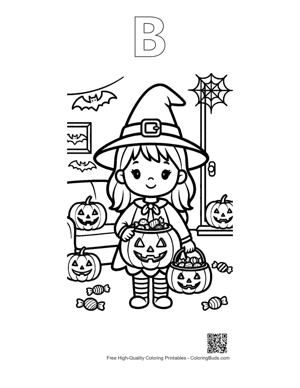 Chibi witch Jack-O-Lantern with alphabet B outline