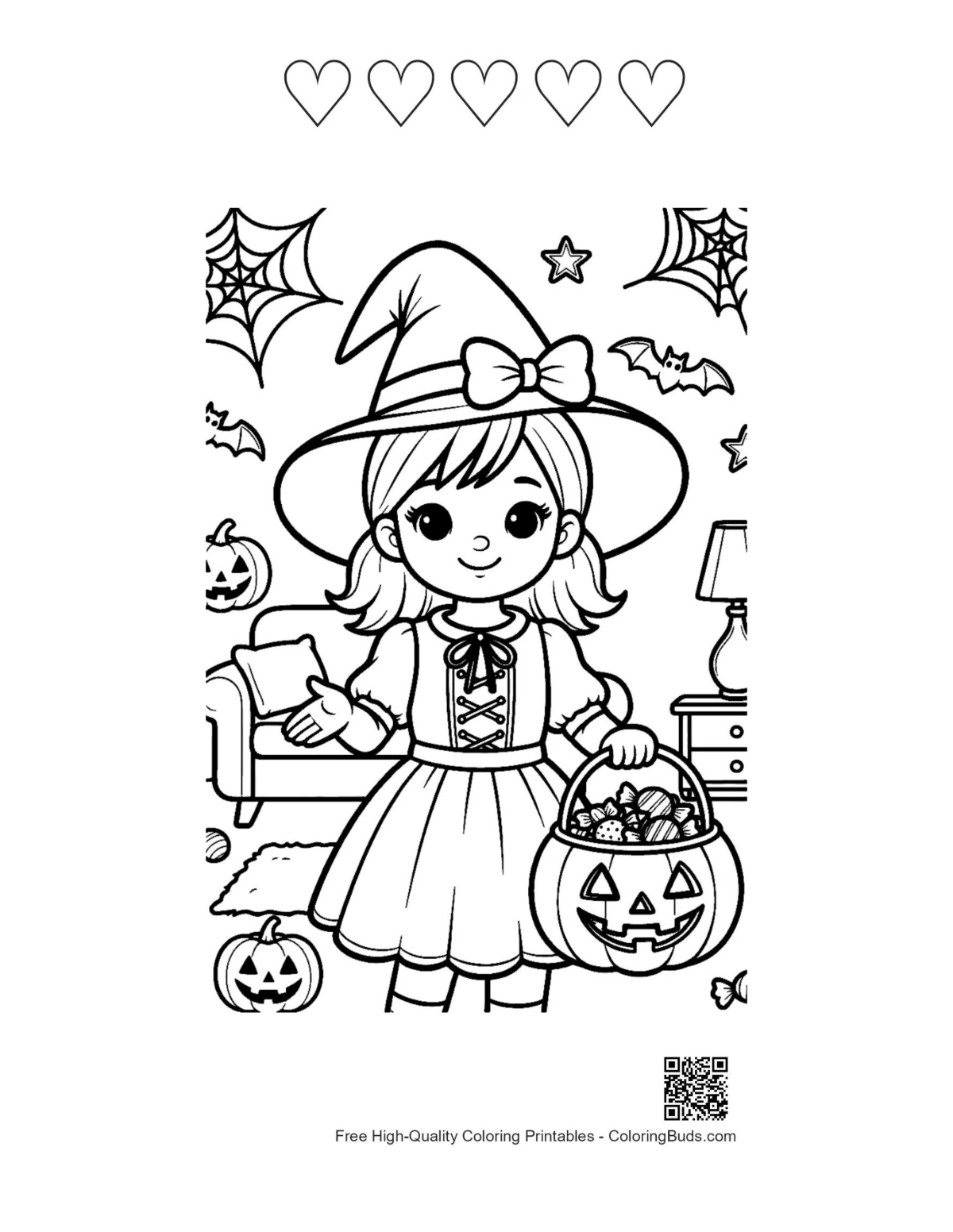 Cute Jack O'Lantern with hearts printable outline