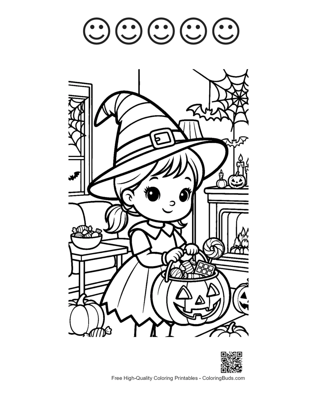 Witch pumpkin printable with 5 happy faces outline