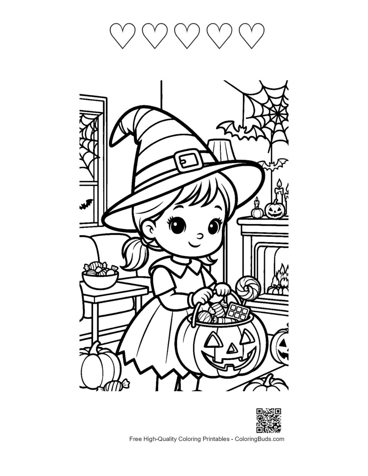 Cute witch candy basket with 5 heart outlines printable