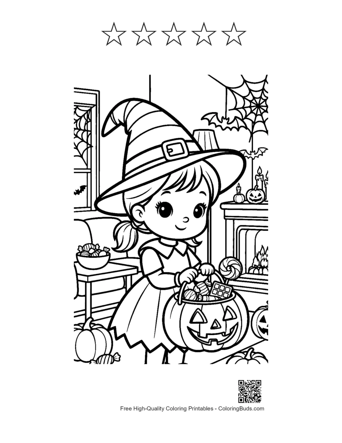 Cute witch basket printable with 5 star outlines