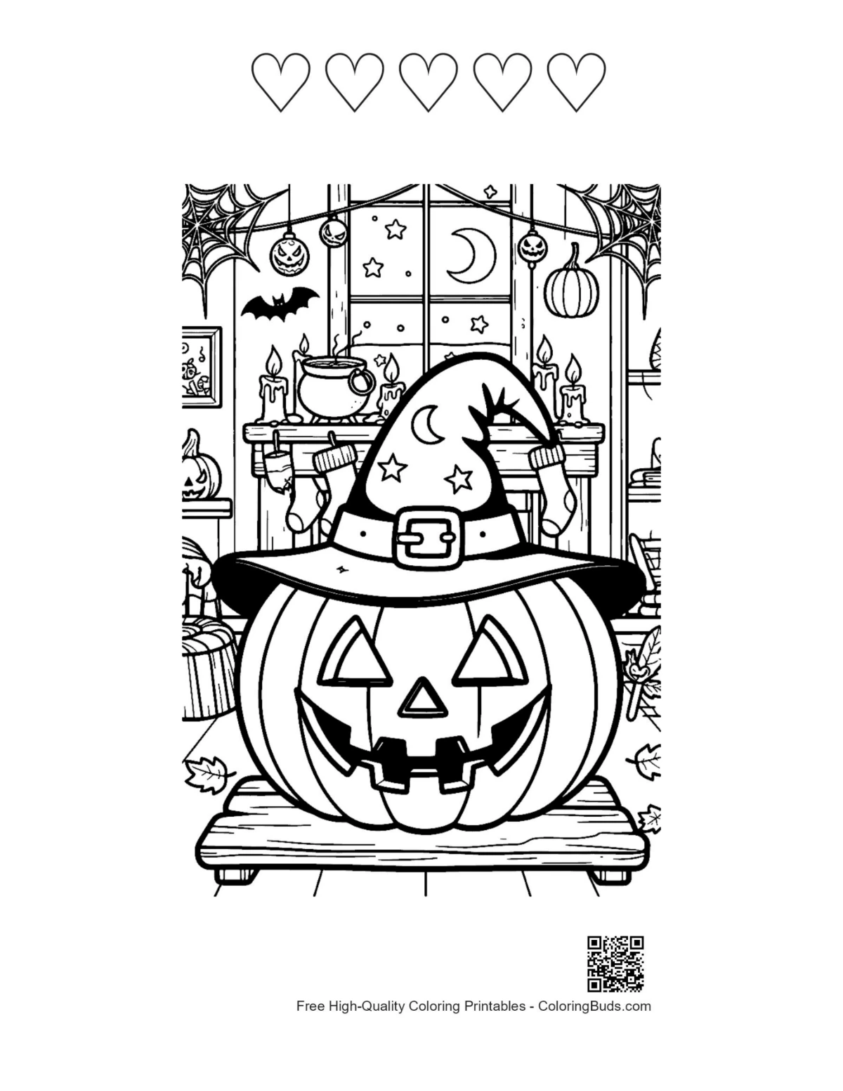Jack-O'-Lantern printable with 5 heart outlines