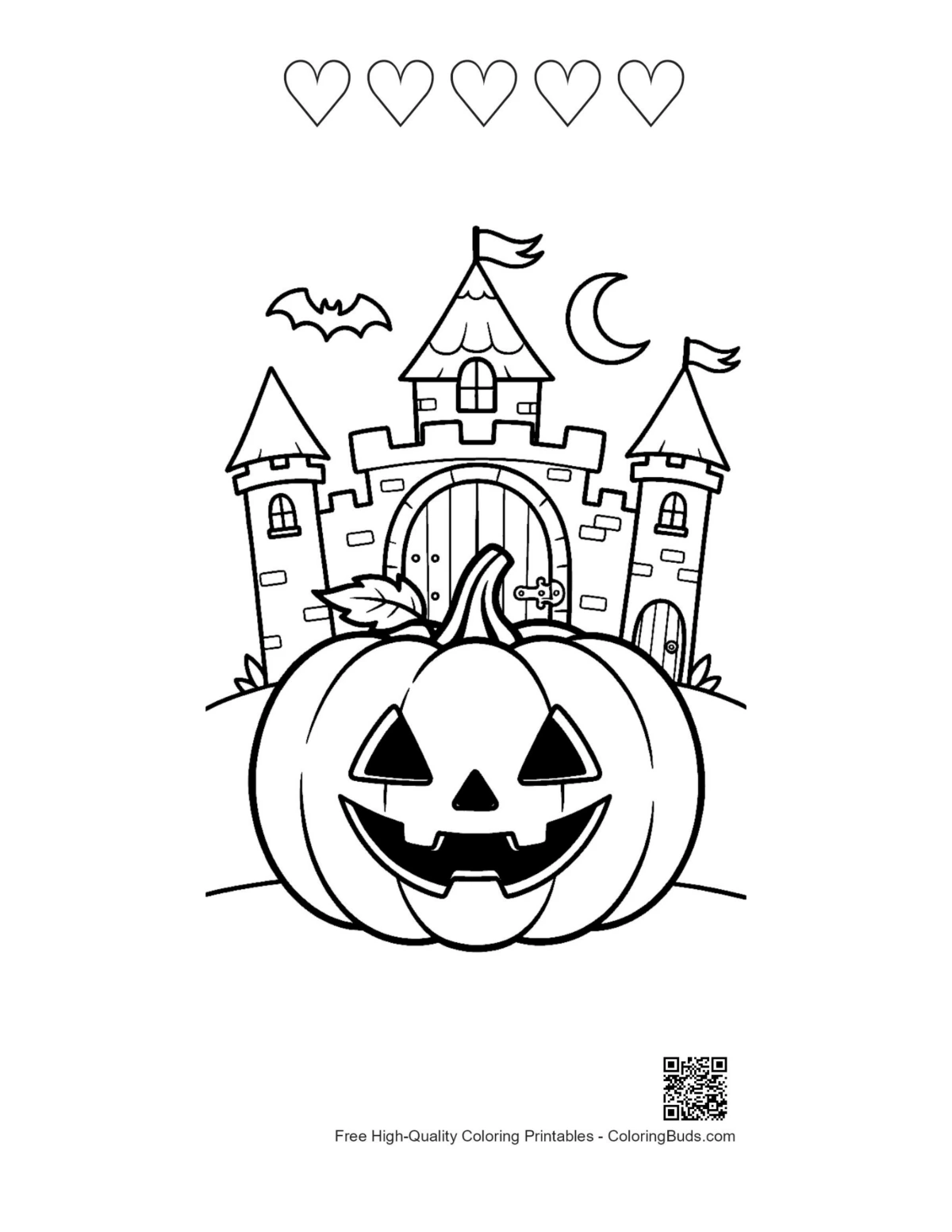 Jack-O-Lantern with 5 hearts outline coloring download