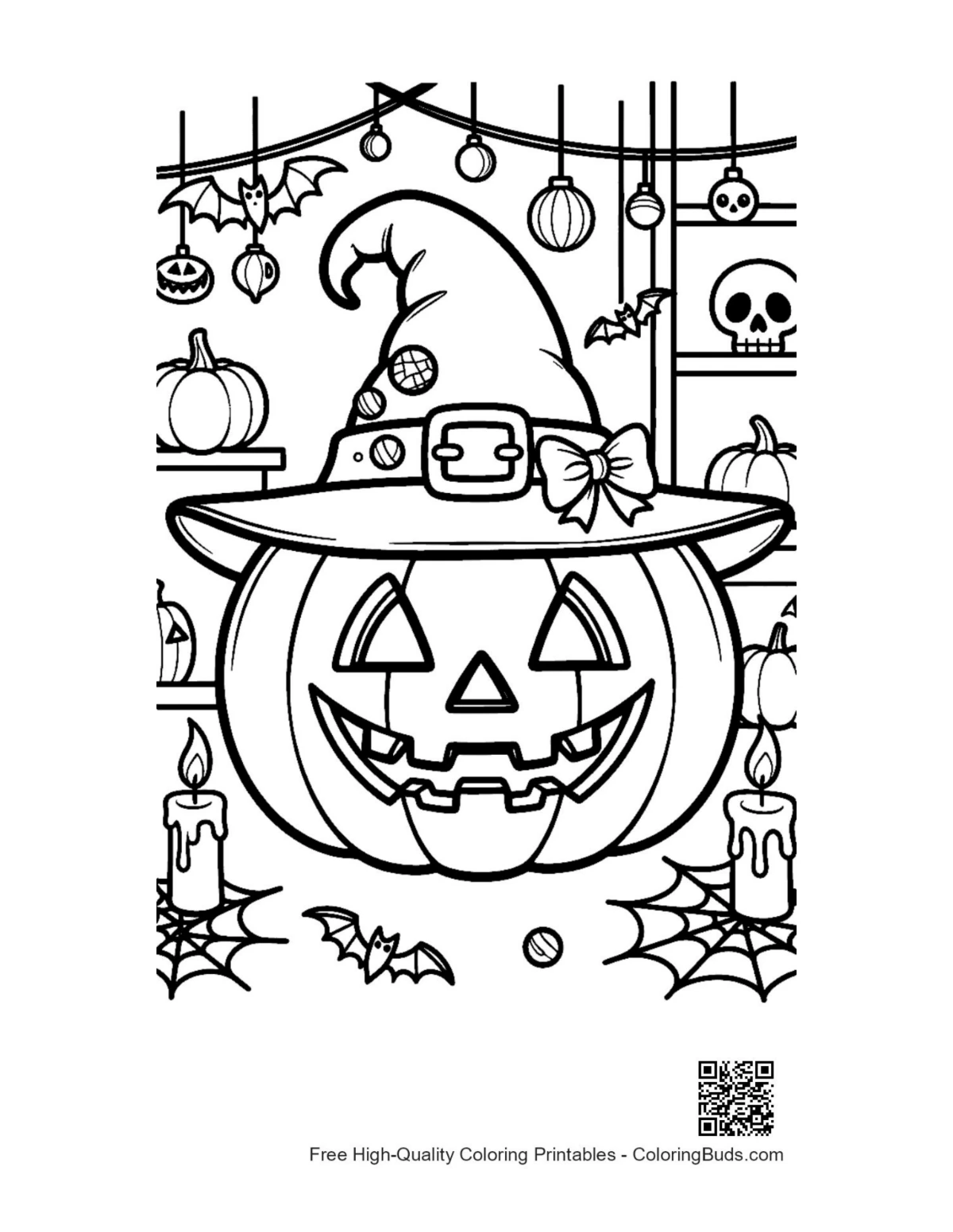 Evil grinning Jack-O-Lantern witch hat printable coloring