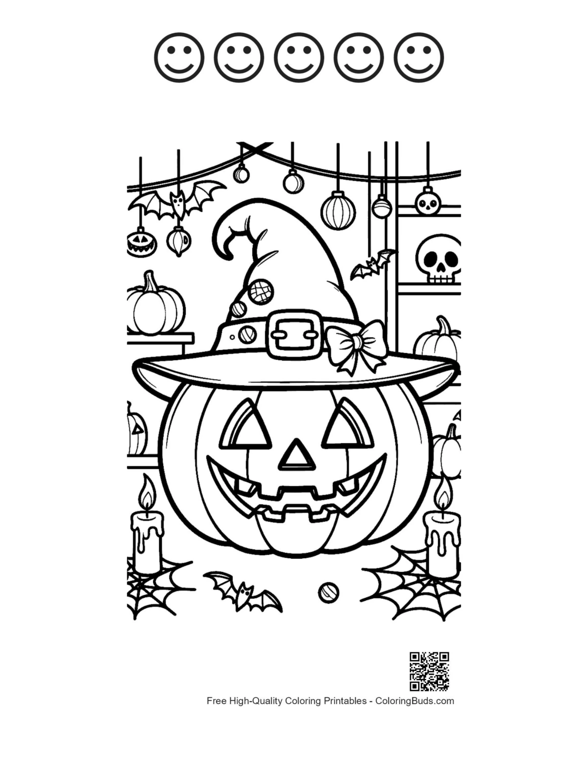 Jack-O-Lantern witch hat with 5 happy face outlines