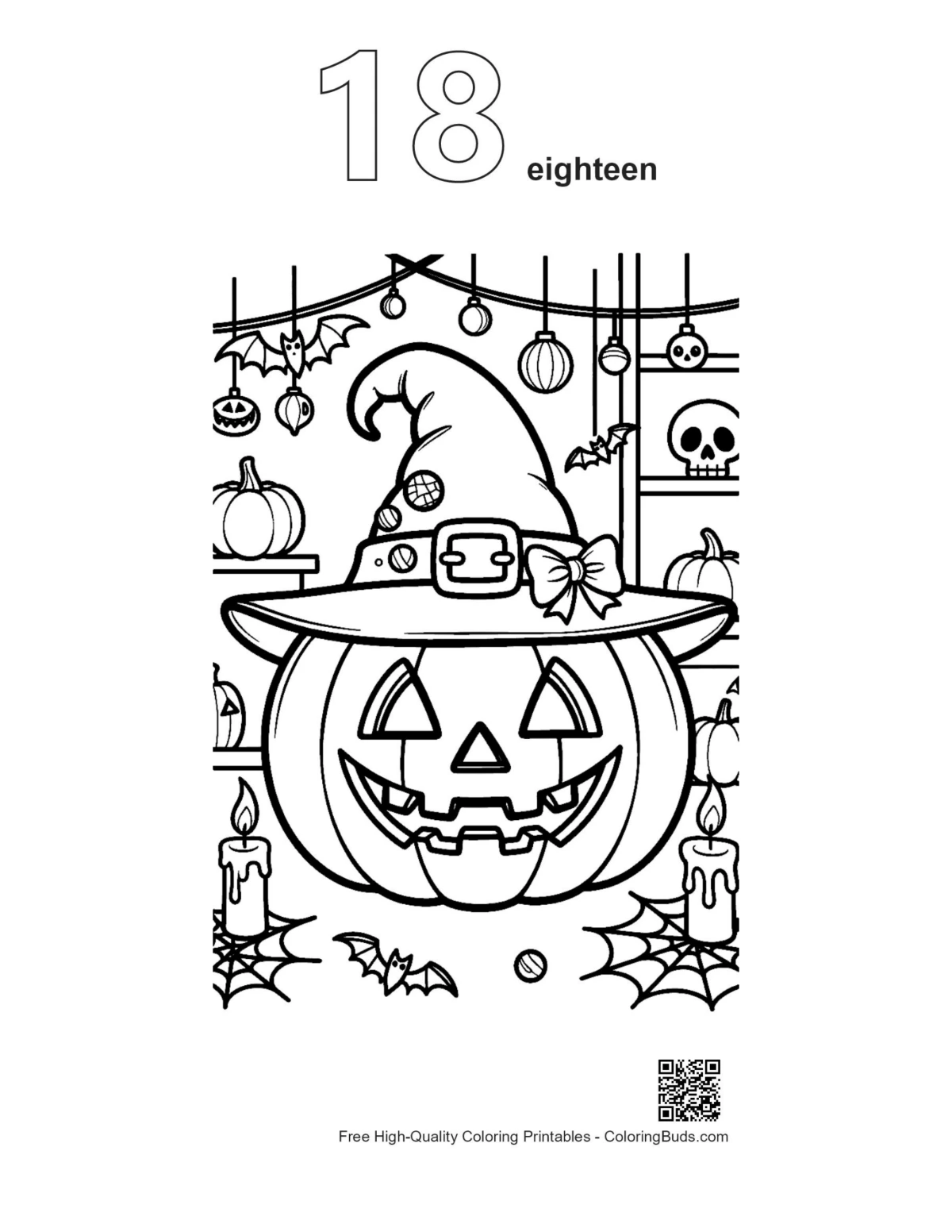 Jack-O-Lantern witch hat outline number 18 printable