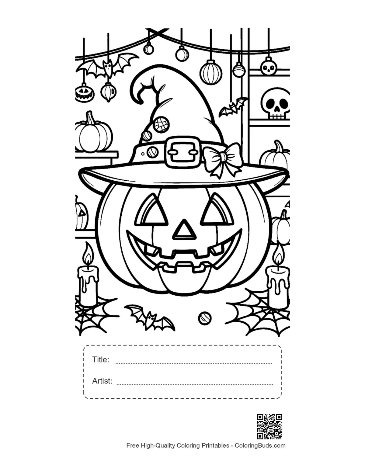 Evil Jack-O-Lantern witch hat printable with title box