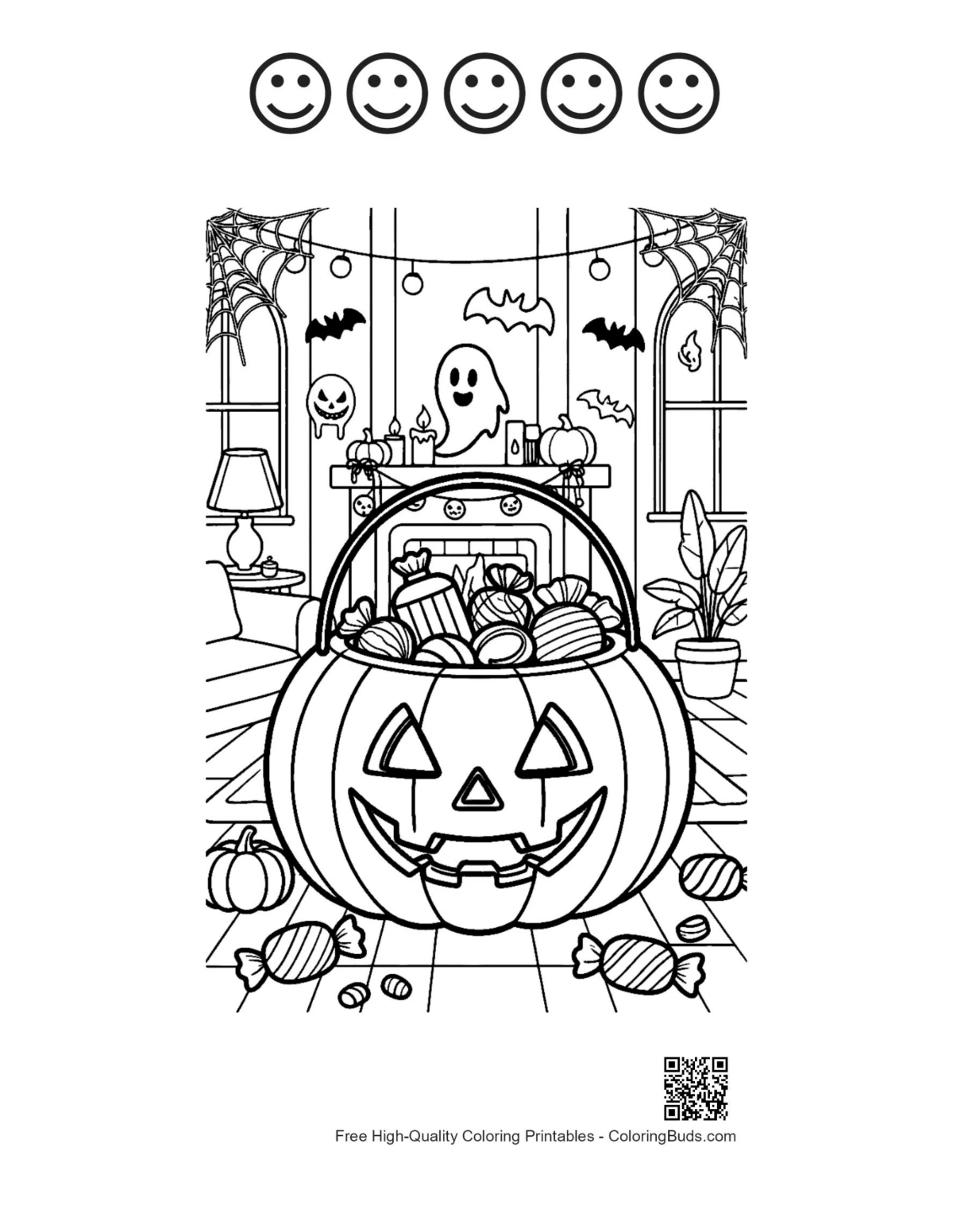 Jack-O-Lantern bucket with 5 happy faces outlines