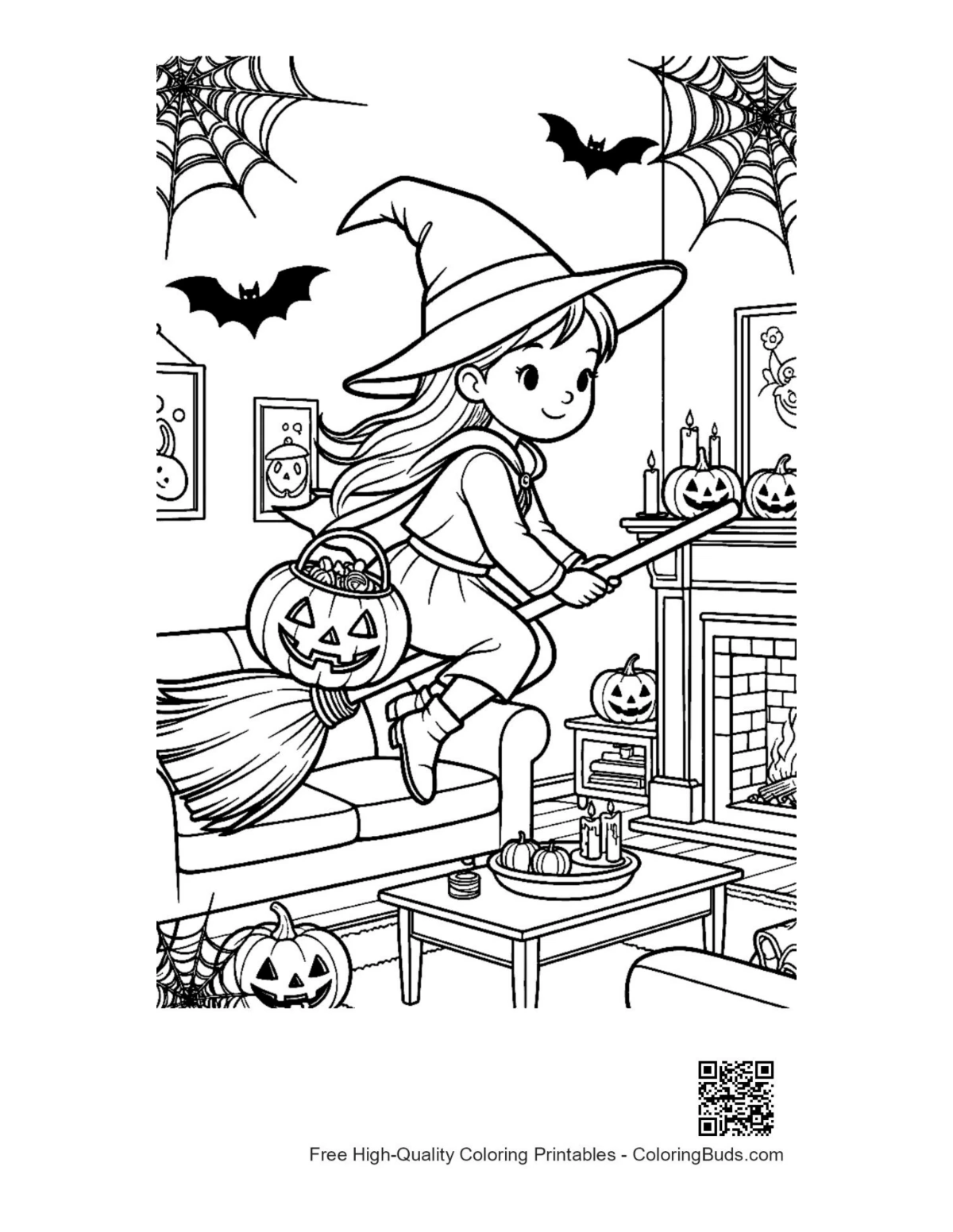 Flying Halloween witch with glowing pumpkin coloring printable