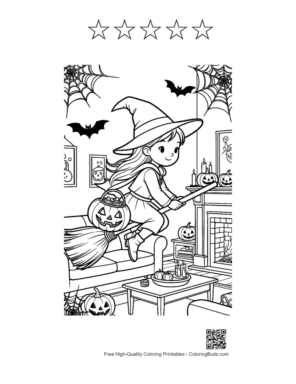 Flying witch pumpkin with 5 star outline printable