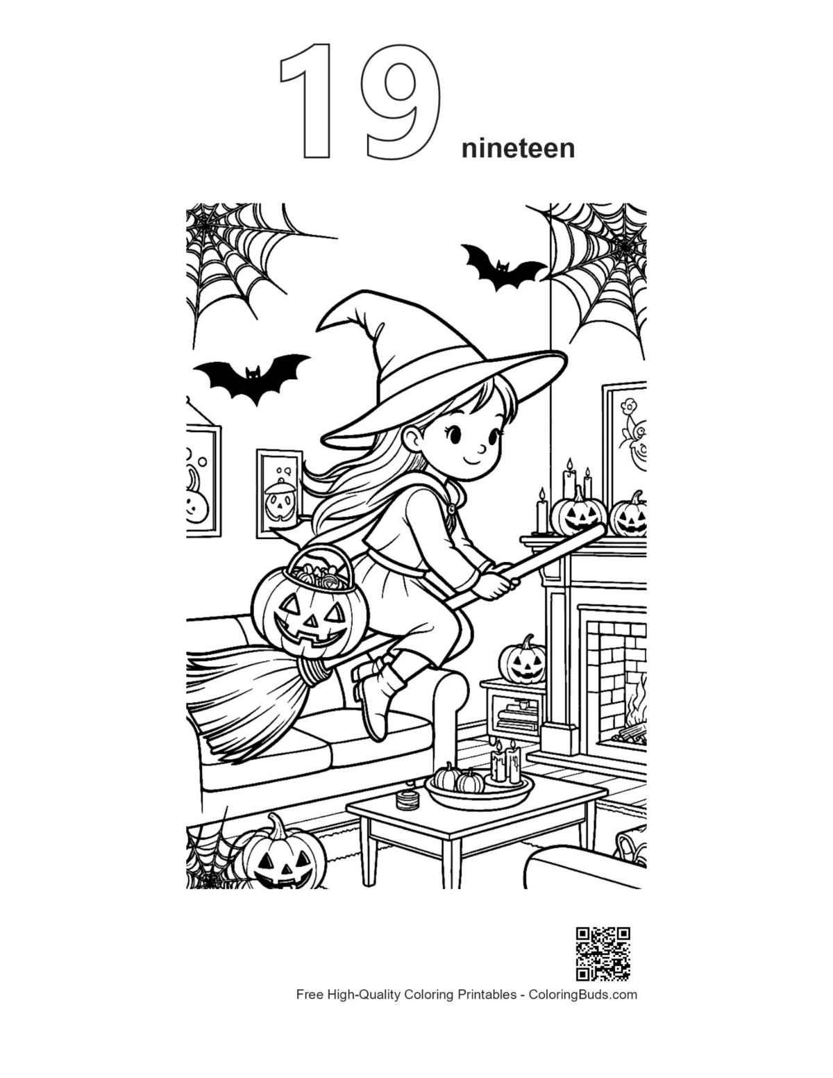 Flying witch pumpkin outline number 19 coloring page