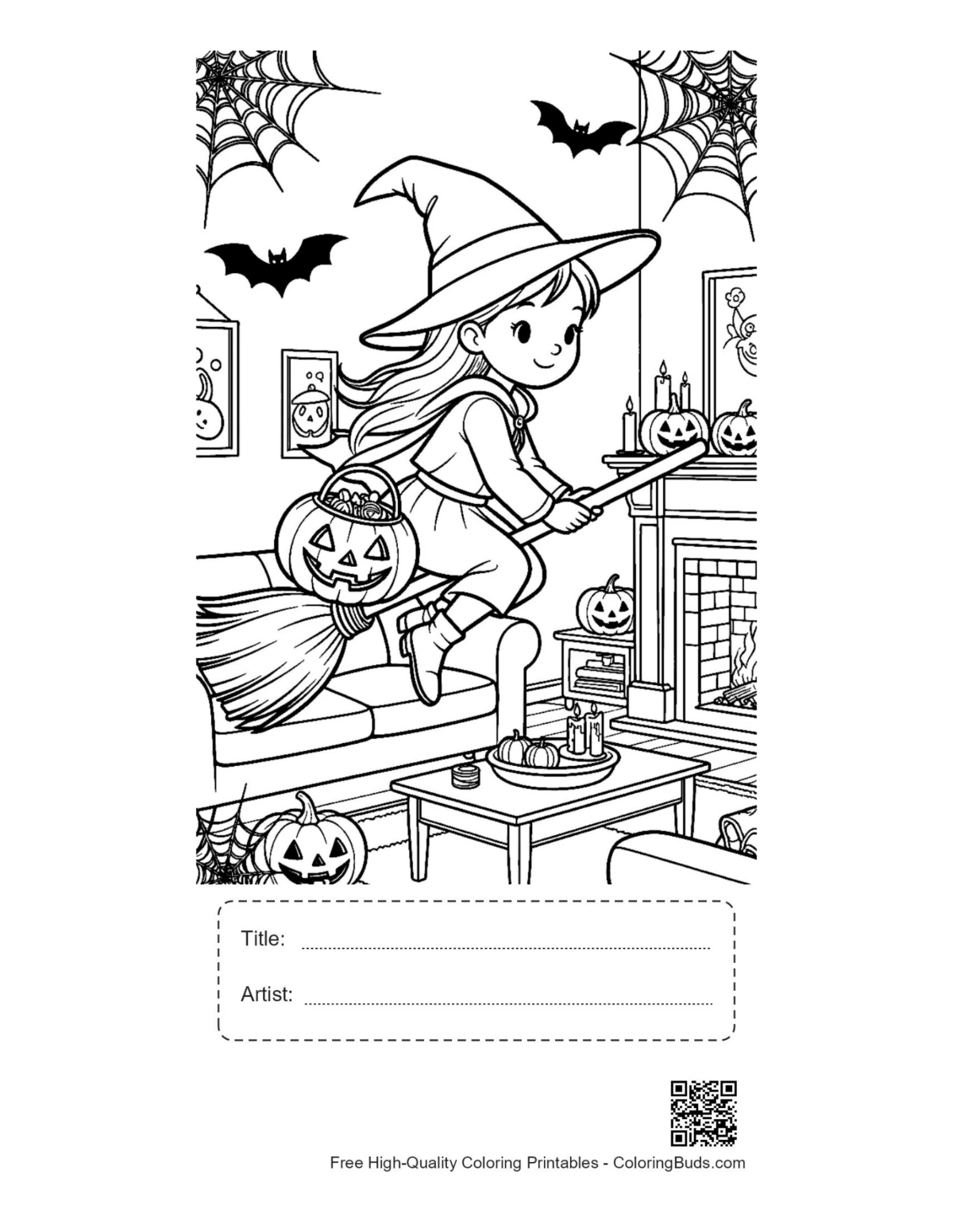 Flying witch glowing pumpkin printable with title box