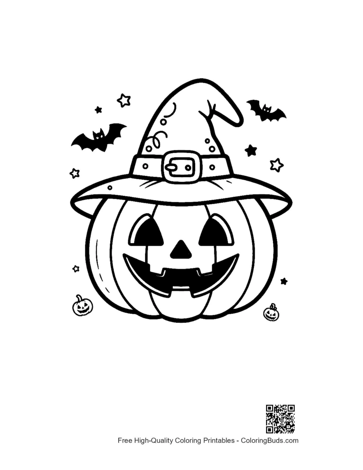 Grinning Halloween pumpkin witch hat coloring printable