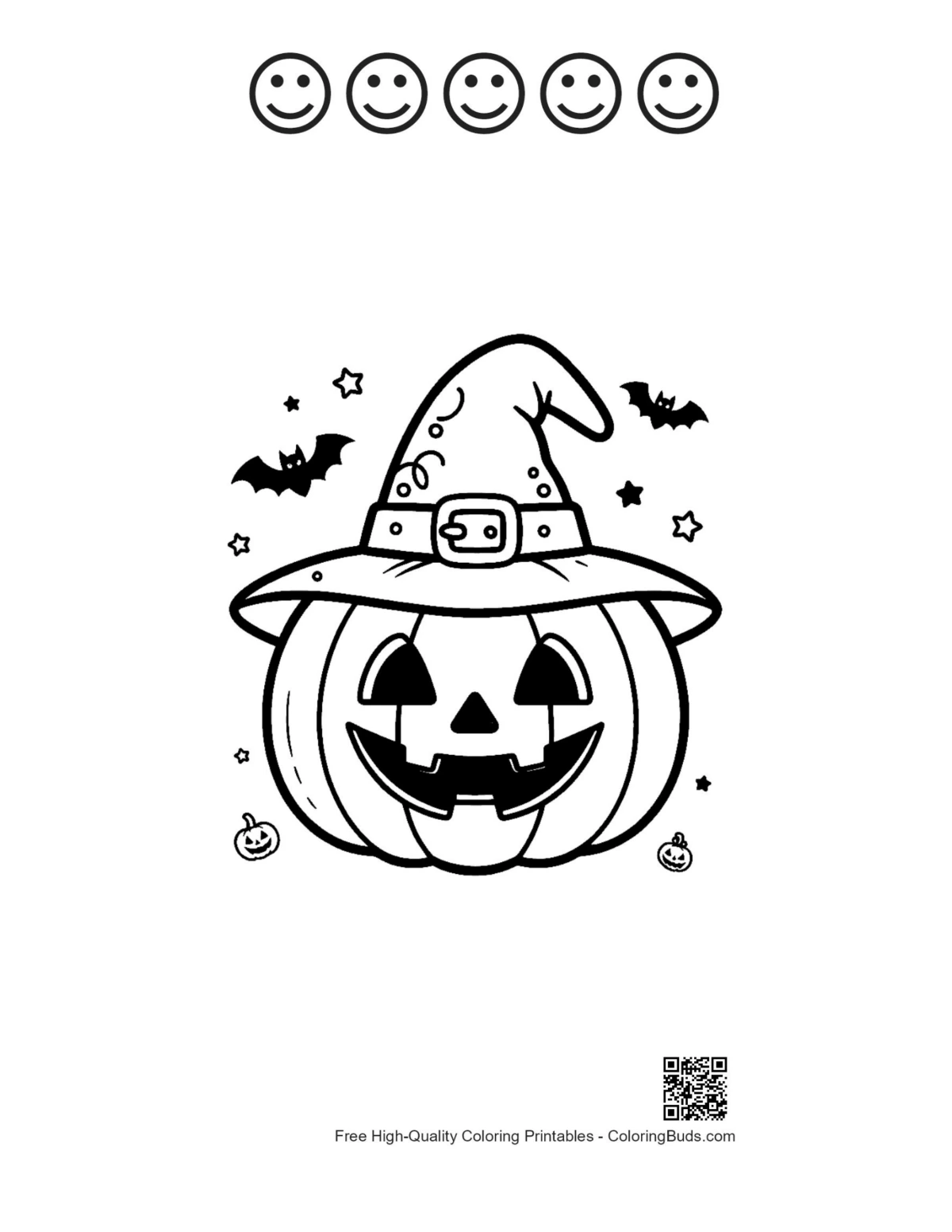 Grinning pumpkin witch hat 5 happy faces outlines