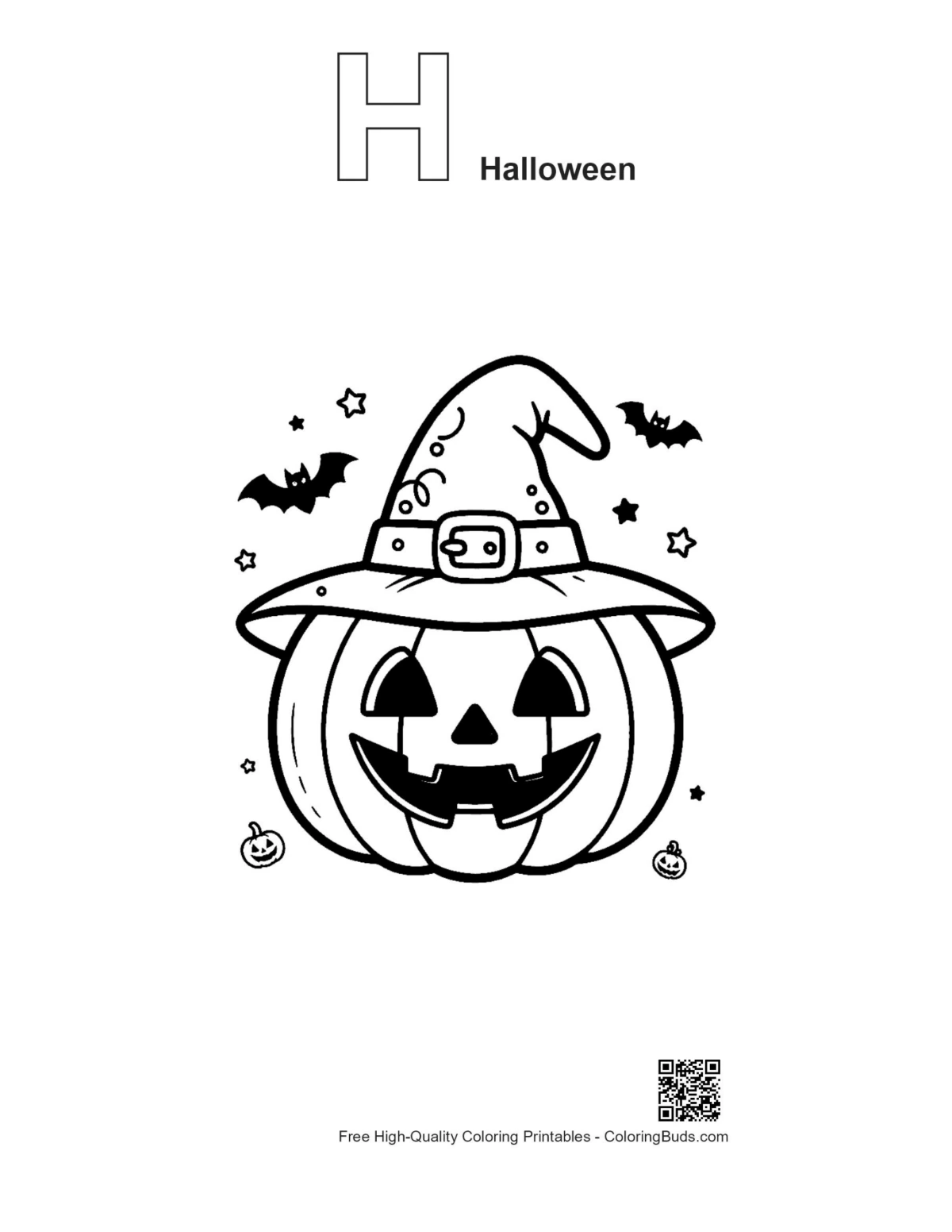 Grinning pumpkin witch hat outline alphabet H printable