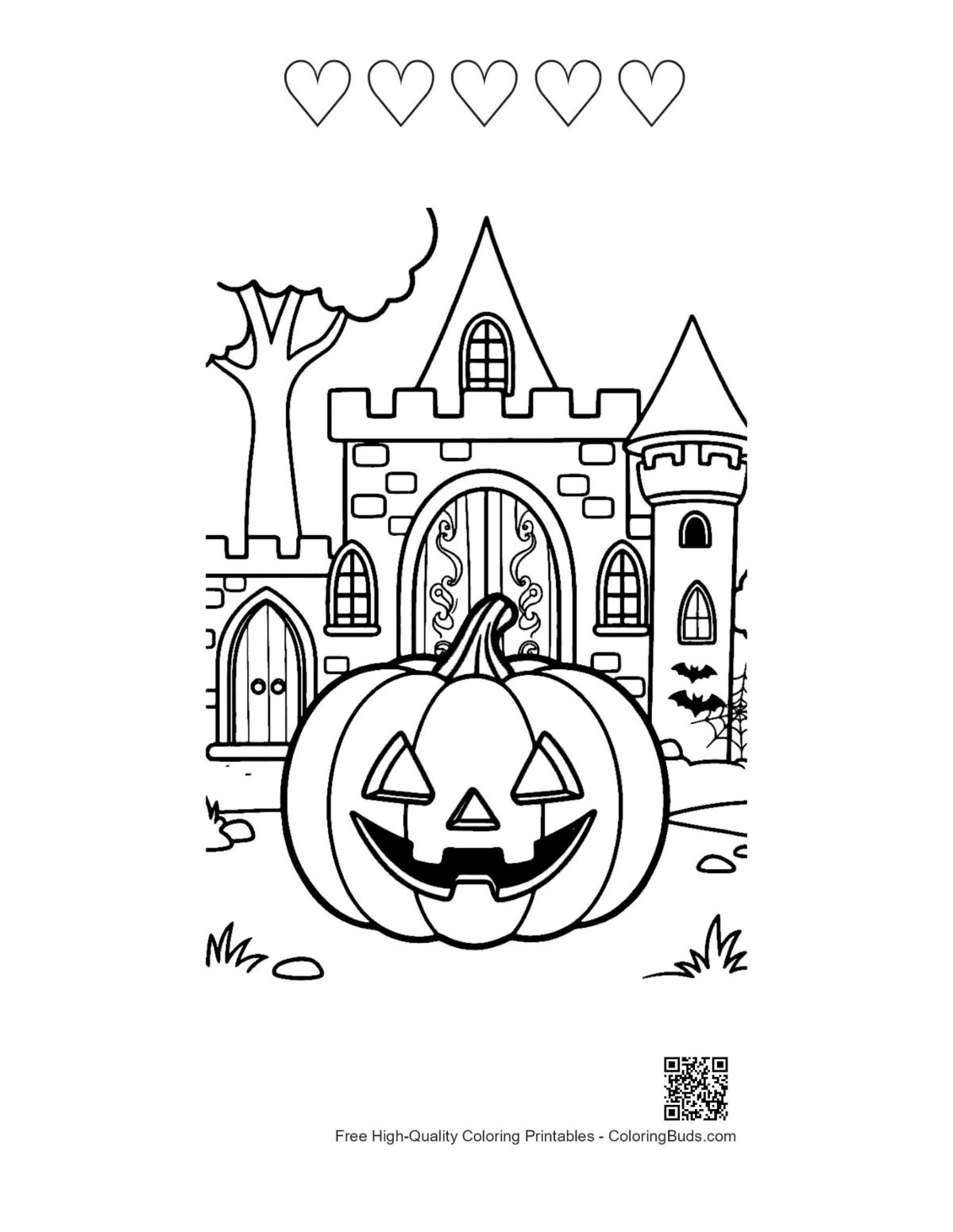 Jack-o-lantern castle printable with 5 heart outlines