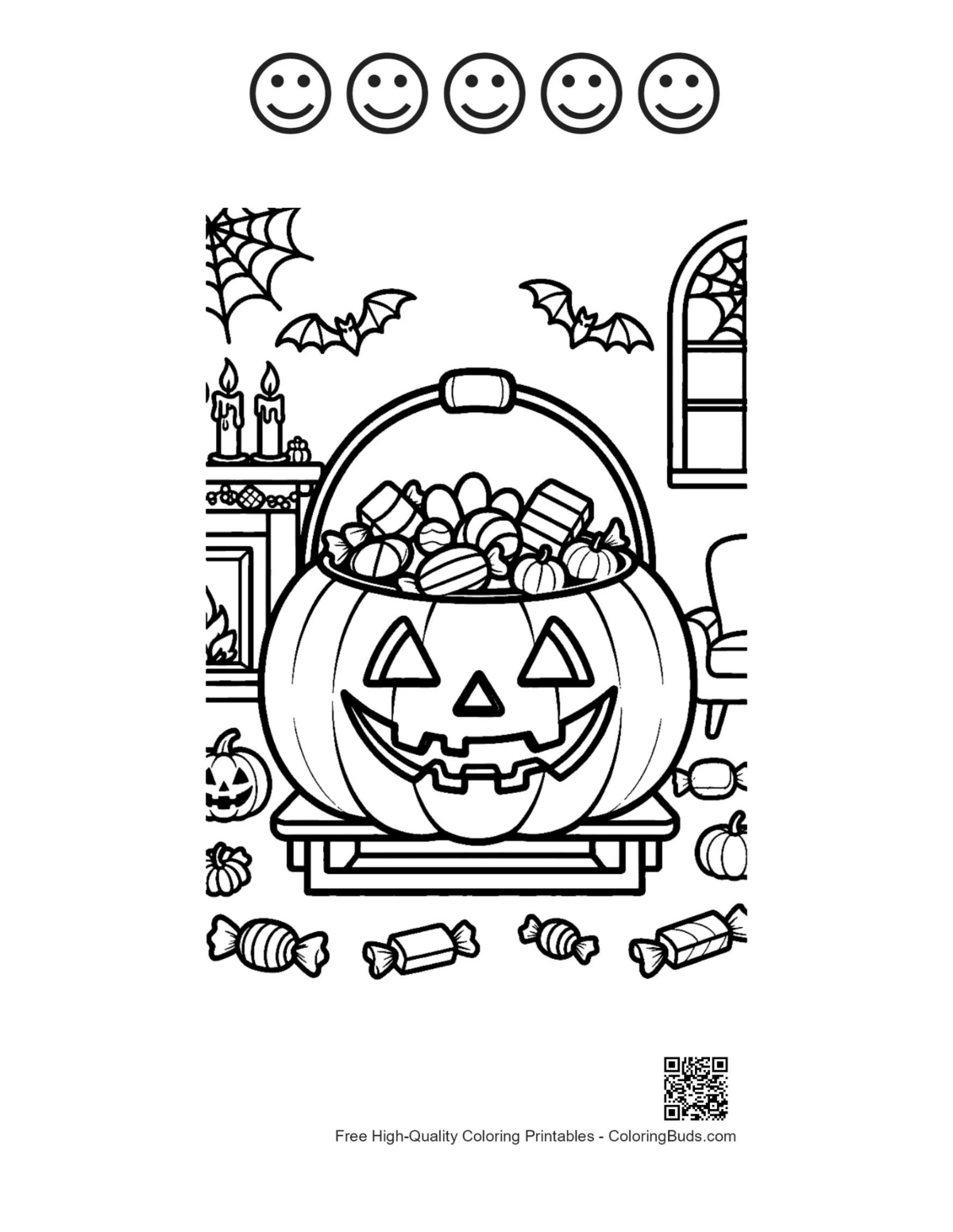 Jack-O-Lantern with 5 happy faces outline printable