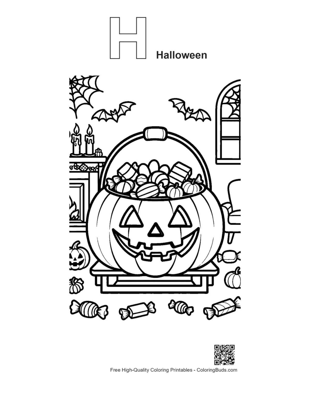 Halloween Jack-O-Lantern with letter H outline coloring page