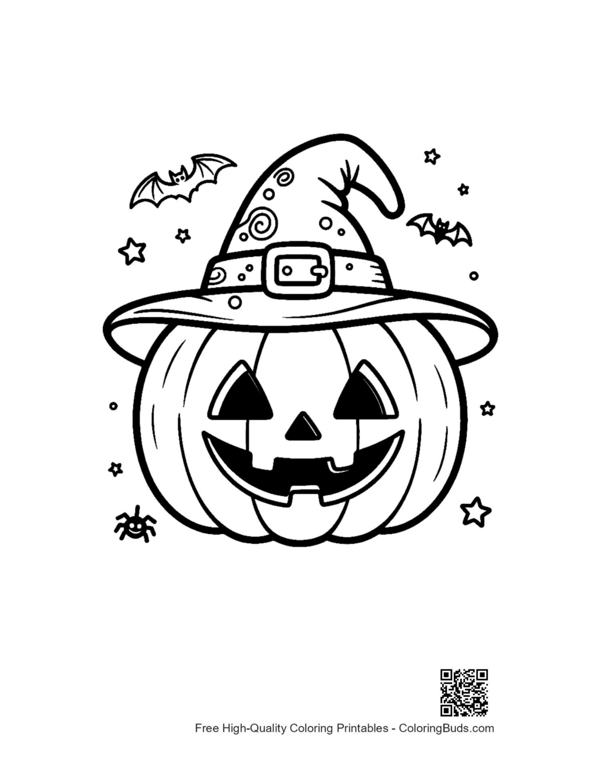 Printable Jack-O-Lantern with starry witch hat coloring page