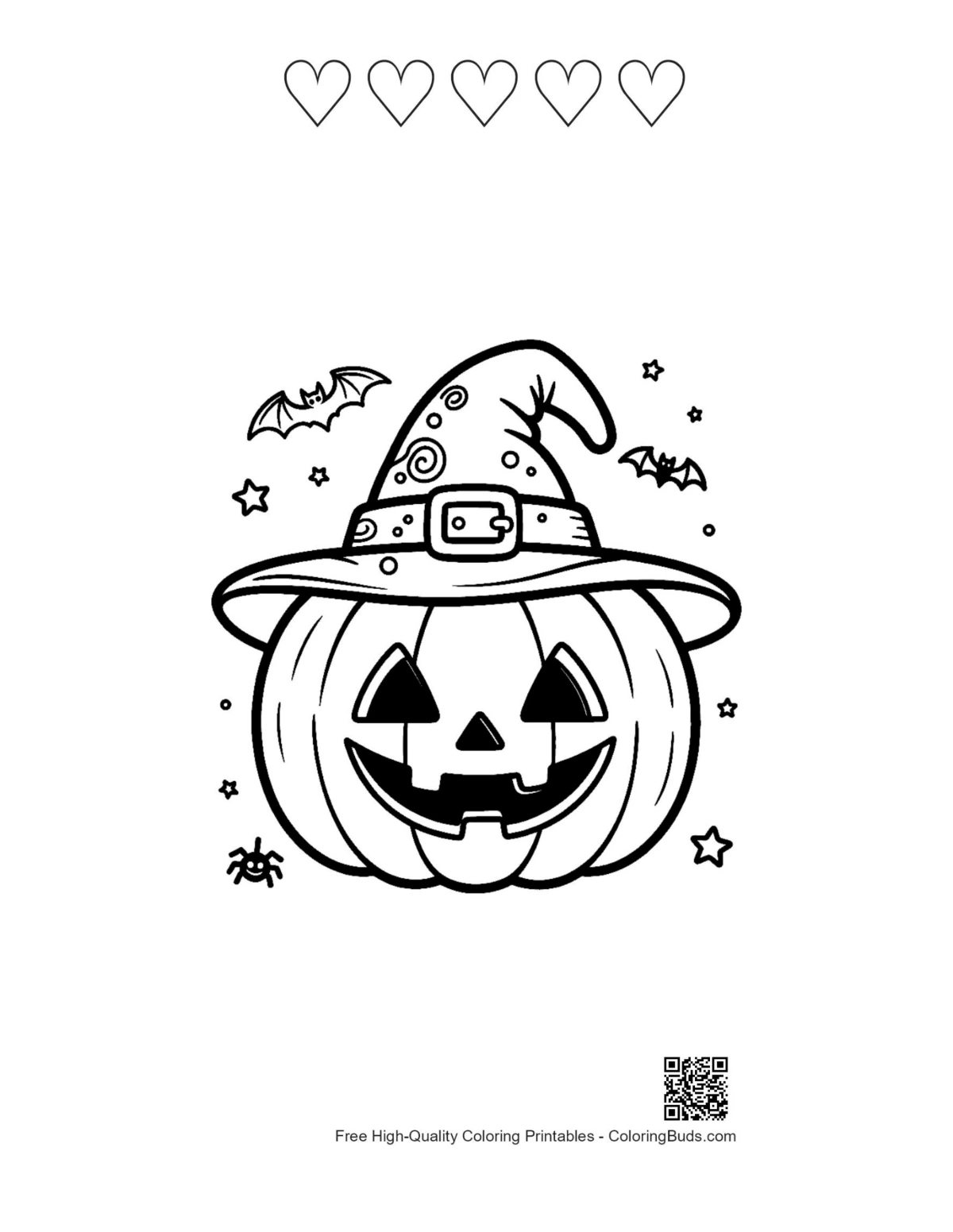 Jack-O-Lantern witch hat with heart outlines printable