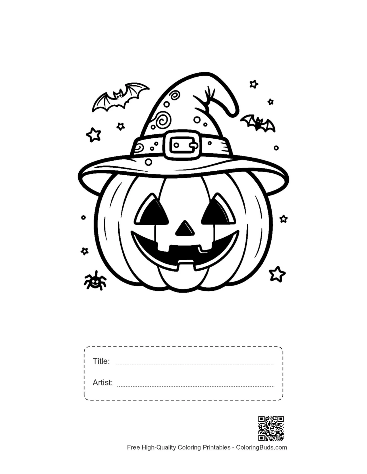 Jack-O-Lantern starry witch hat printable with title box