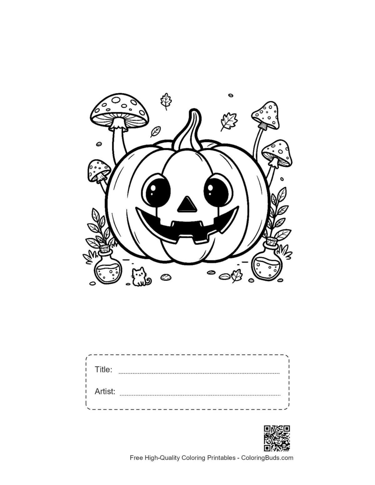 Spooky Jack-O-Lantern printable with title artist box mushrooms
