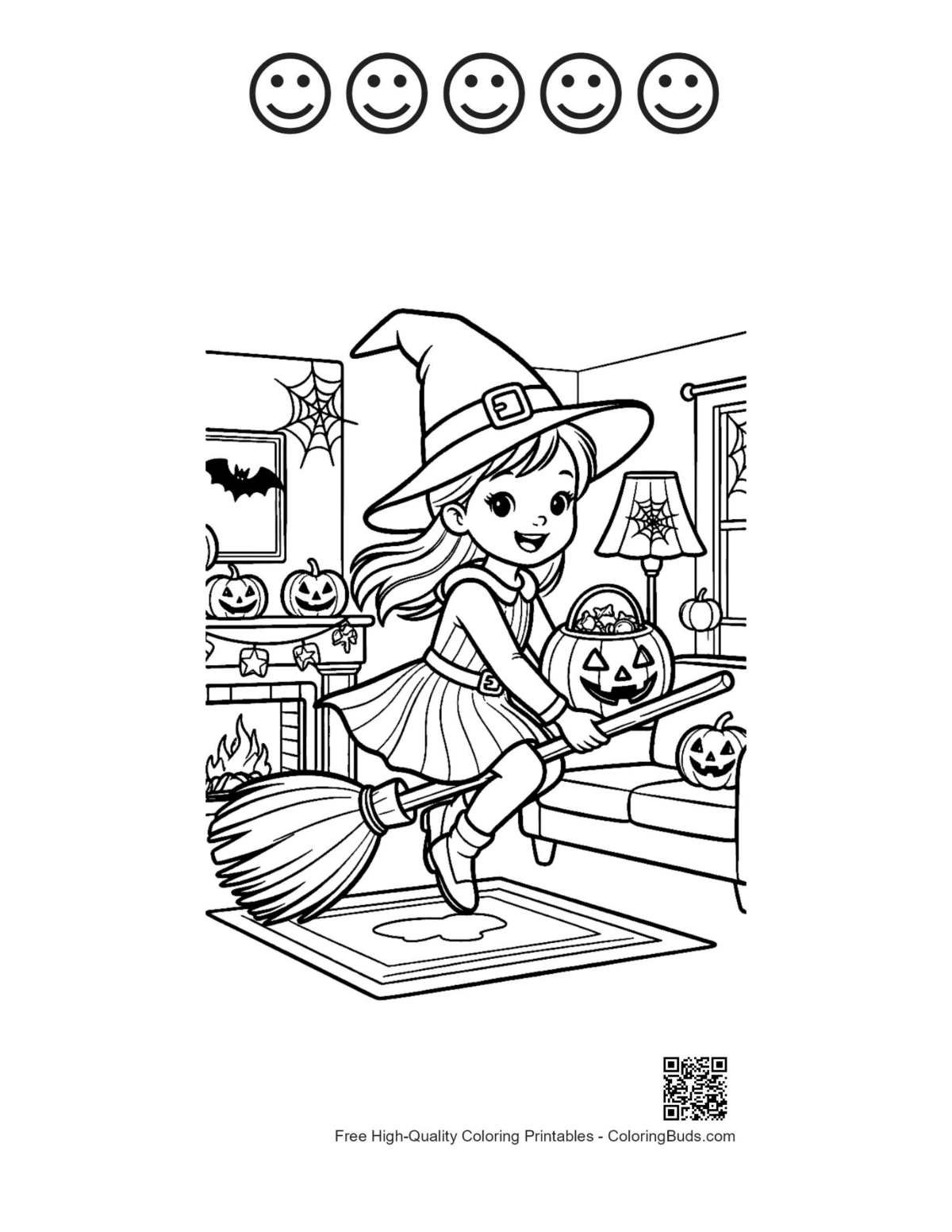 Witch girl jack-o-lantern with 5 happy face outlines